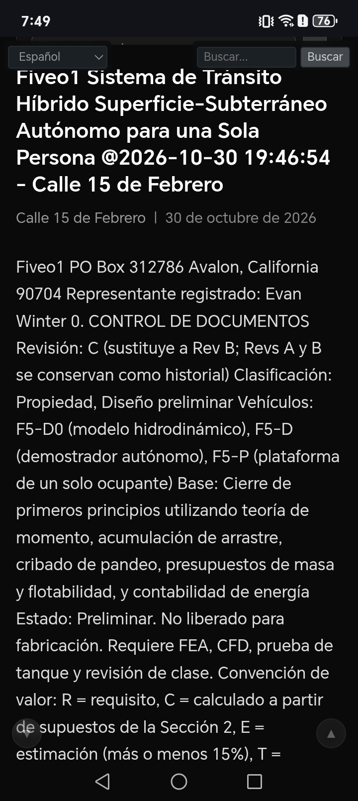 Español Fiveo1 Sistema de Tránsito Híbrido Superficie-Subterráneo Autónomo para una Sola Persona @2026-10-30 19:50:41 - Calle 15 de Febrero